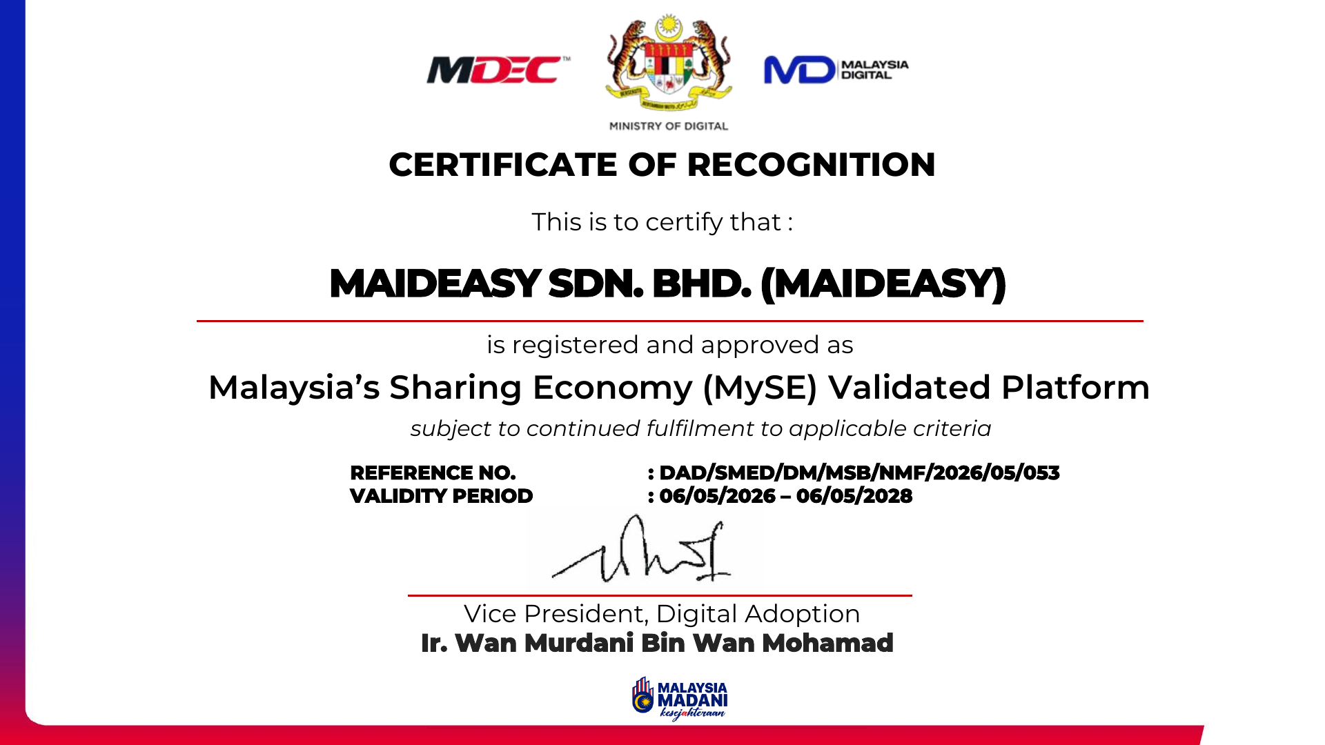 MDEC certificate recognising Maideasy as a Malaysia's Sharing Economy Validated Platform