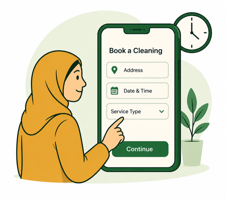Pelanggan memilih alamat, tarikh, masa dan perkhidmatan pembersihan dalam app Maideasy